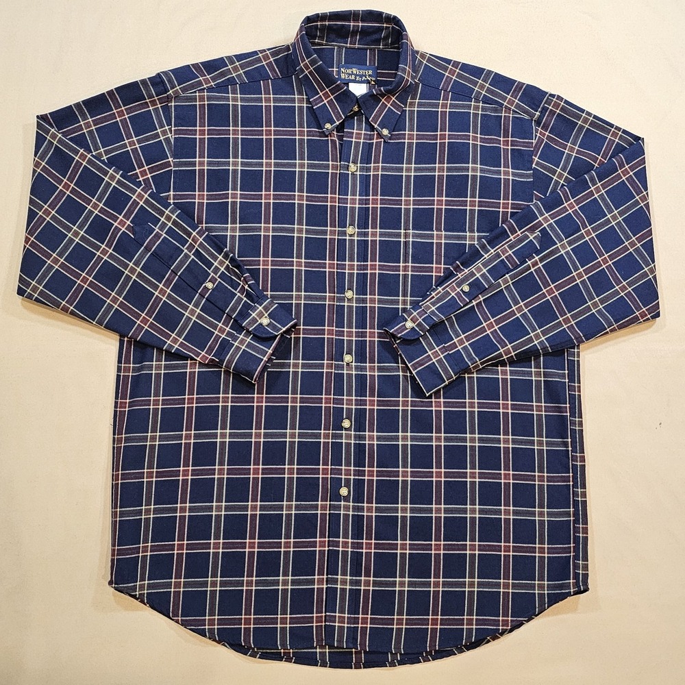 Nor'Wester Wear By Pendleton Mens L Button Down Wool Blend Plaid Long Slv. Shirt
